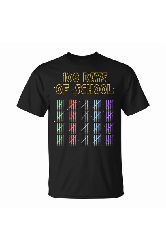 100 Days of School Sabers and Star Print Space Wars Graphic Tee Boys Youth Cotton Sci-Fi Classroom Celebration Gift, Size S, Color Black