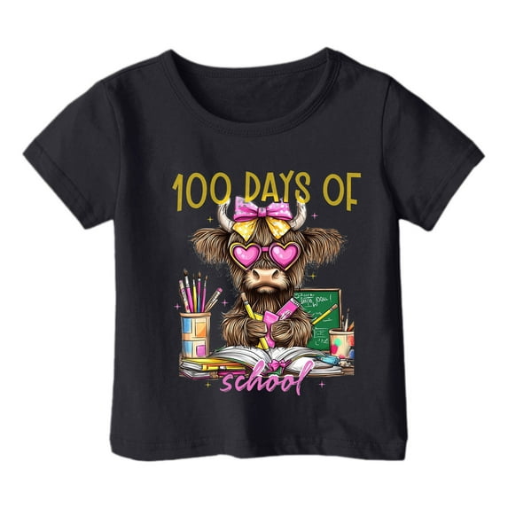 100 Days of School Shirt Kids 7/8 Short Sleeve Casual Crewneck T-Shirts Cute Cartoon Animal Print Summer Daily Outerwear Tees Black 6-7 Years
