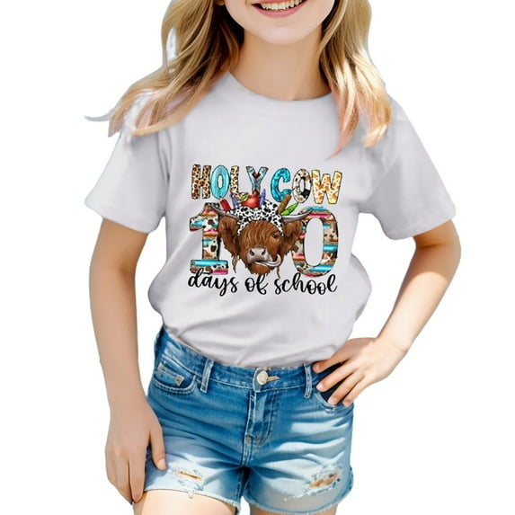 100 Days of School Shirt Kids 7/8 Short Sleeve Casual Crewneck T-Shirts Cute Cartoon Animal Print Summer Daily Outerwear Tees Z01-White 4-5 Years