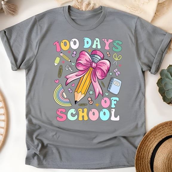 100 Days of School Shirt with Pink Bow Pencil and Cute School Supplies, Graphite Heather, Size 2XL