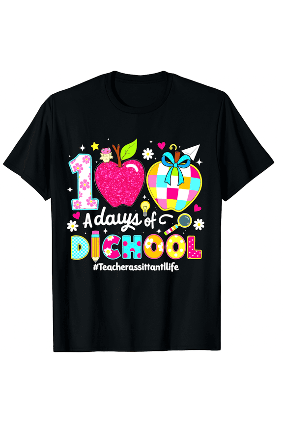100 Days of School Teacher Assistant Life Colorful Graphic T-Shirt Retro Educator Apparel Cute Classroom Top