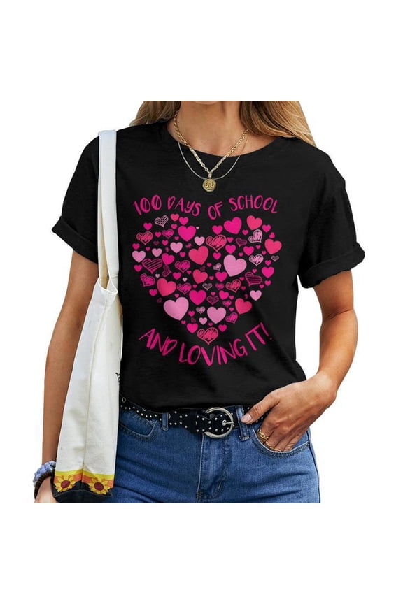 100 Days of School and Still Loving It Hearts Graphic Tee Women Adult Cotton 100th Day Teacher Classroom Celebration Gift, Size 4XL, Color Black