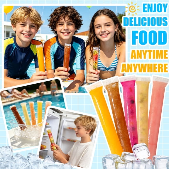 100 Disposable Ice Lolly Bags, Ice Popsicle Mold Bags with Funnel, 211 Inch Freezer Tubes, Zipper Seal Ice Cream Molds for Yogurt Juice Fruit Ice Candy Pops