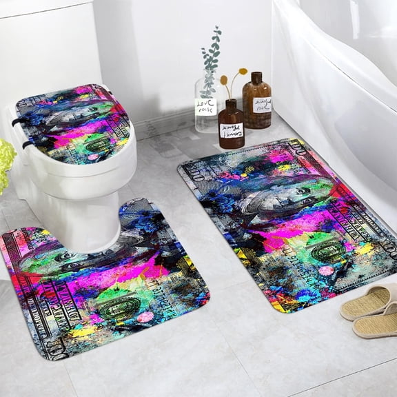 100 Dollar Bill Comfort Flannel Bathroom Rug Mats Set 3 Piece Soft Non-Slip with Backing Pad Bath Mat Contour Rug Toilet Lid Cover Absorbent Cool Rug Floor Carpet for Men's Room Decor Rainbow