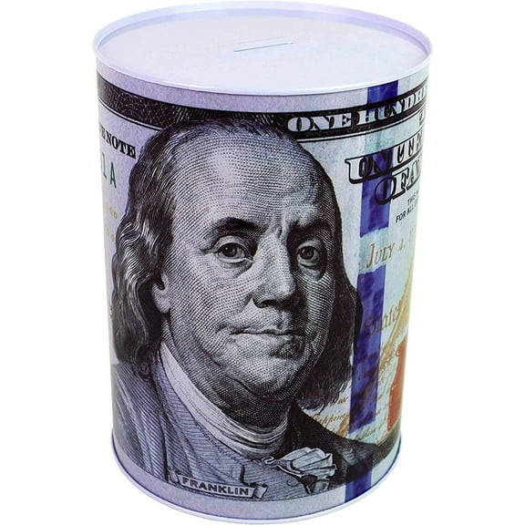 $100 Dollar Bill Piggy Bank 5 7/8" Tall Coin Saving Money Currency Benjamin Franklin Tin Can Banknote Jar (1 Pack, 5 7/8" X 4")