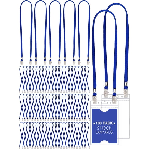 100 Double Clip Lanyards Lanyard Twist 2 Hook Design Adjustable Badge Strap for ID Name Badge Holder School Conference Office Class Essential (Blue)