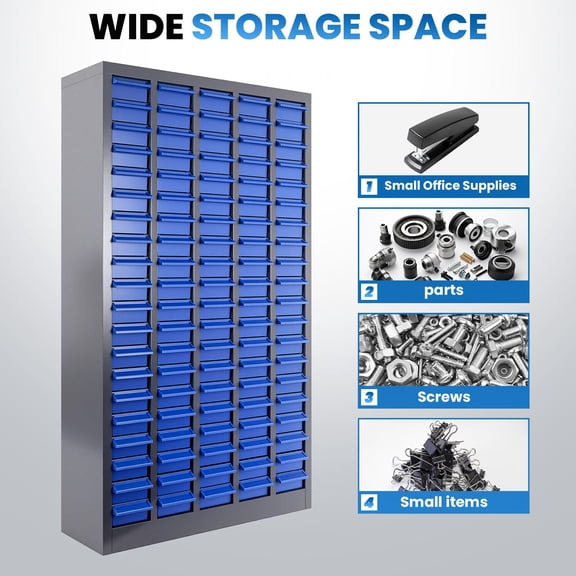 100 Drawer Parts Cabinet, Blue Vertical Storage Cabinet, Multi-Functional Drawer Bin Box, Hardware Fastener Small Parts Container Organizer for Factory Workshop Daily Material Storage