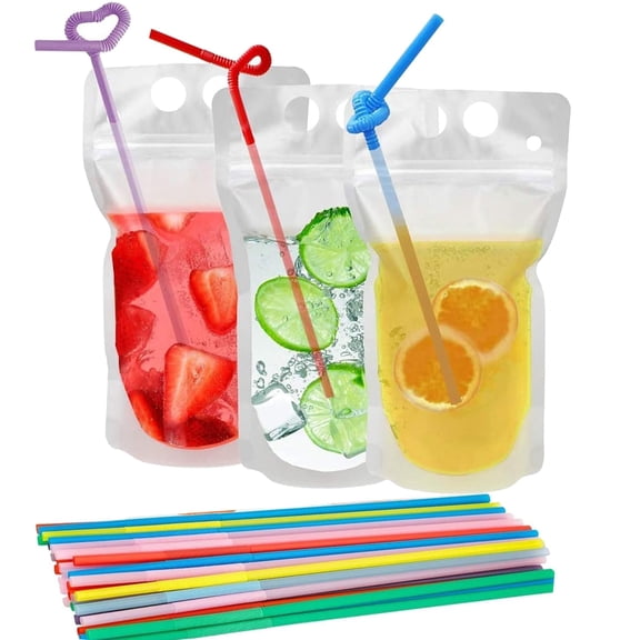 100 Drink Pouches With Straws  Freezable Bags Juice For Adults And Reclosable Zipper Plastic Clear Container Sets Straw Cold & Hot Drinks Party Picnic Camping