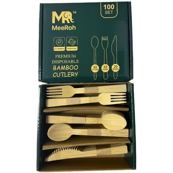 100% Eco-Friendly Bamboo Disposable Cutlery Set Forks, Spoons, Knives Biodegradable & Compostable (100 Pieces)