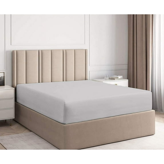 100% Egyptian Cotton - 1 Piece Fitted Sheet with 14 Inch Deep Pocket, 600 Thread Count, All Around Elastic Fitted Bedsheet, Super Soft and Luxury- Light Gray Solid, Twin-XXL Size