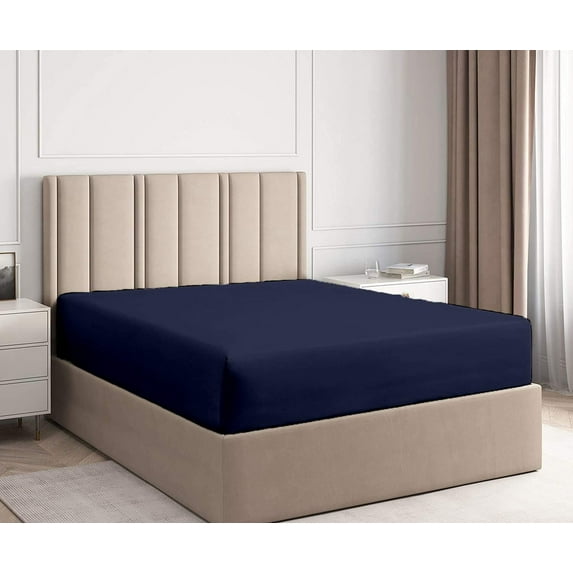 100% Egyptian Cotton - 1 Piece Fitted Sheet with 14 Inch Deep Pocket, 600 Thread Count, All Around Elastic Fitted Bedsheet, Super Soft and Luxury- Navy Blue Solid, Full-XL Size