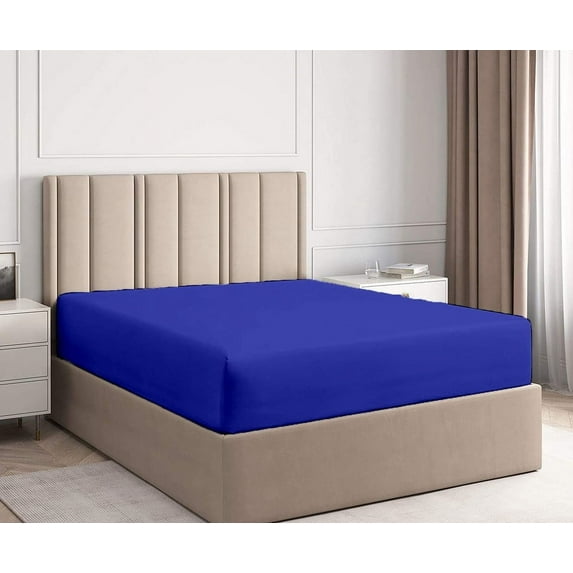 100% Egyptian Cotton - 1 Piece Fitted Sheet with 22 Inch Deep Pocket, 600 Thread Count, All Around Elastic Fitted Bedsheet, Super Soft and Luxury- Royal Blue Solid, Twin Size