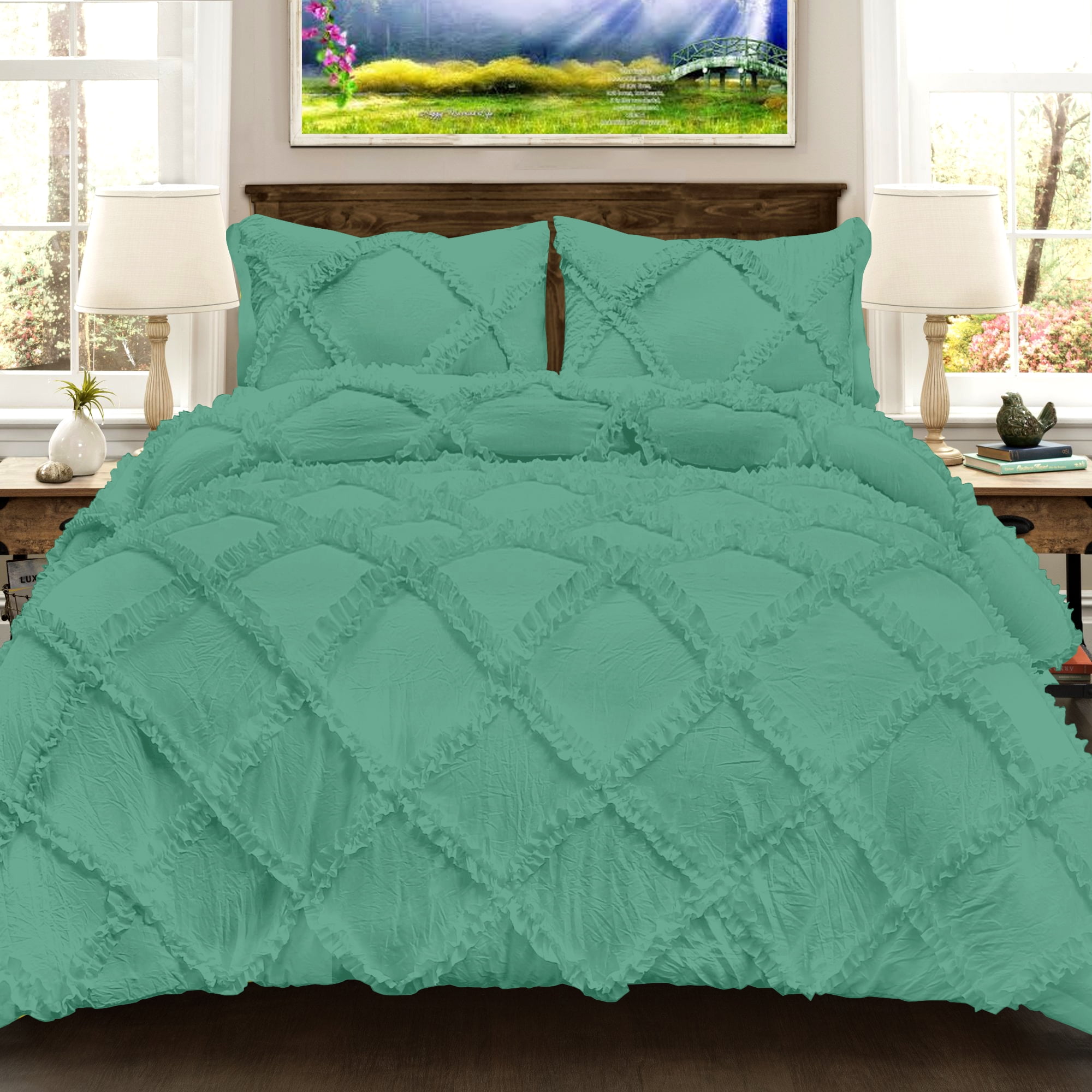 Blue Ruffle Set 100% Egyptian Cotton 3Pcs Diamond Ruffle Duvet Set Solid (Aqua Blue ...