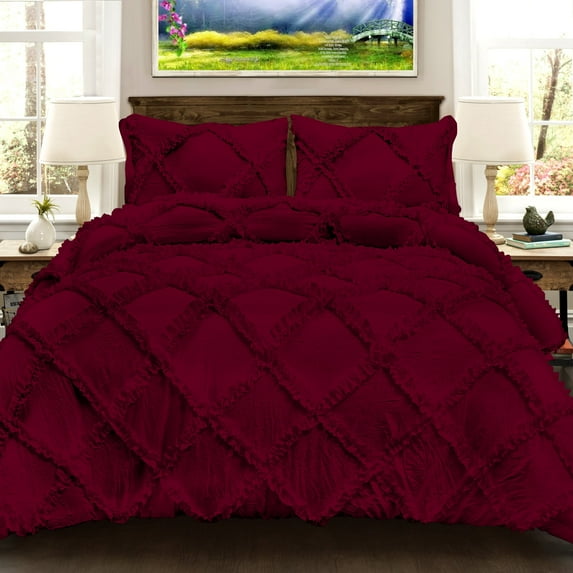 100% Egyptian Cotton 3Pcs Diamond Ruffle Duvet SetSolid (Wine,Oversized King)