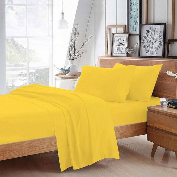 100% Egyptian Cotton 4 Pcs Sheet Set Solid 24 inches (Yellow,Queen)