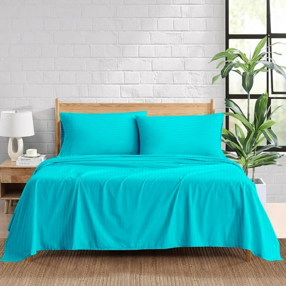 100% Egyptian Cotton 400 Thread Count 4 Piece Sheet Set 10 Inch Deep Pocket Color Turquise Blue Stripe Size California King