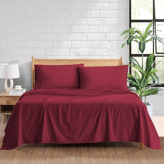 100% Egyptian Cotton 400 Thread Count 4 Piece Sheet Set 21 Inch Deep Pocket Color Burundy Stripe Size Full