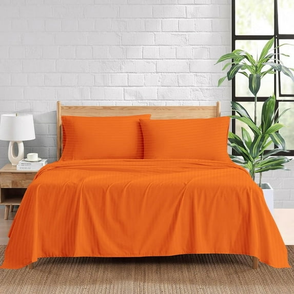 100% Egyptian Cotton 400 Thread Count 4 Piece Sheet Set 27 Inch Deep Pocket Color Orange Stripe Size King