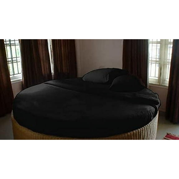 100% Egyptian Cotton 700 Thread Count 4pc Round Bed Sheet Set with27 Inch Deep Pocket Size 84" Diameter Color Black Solid