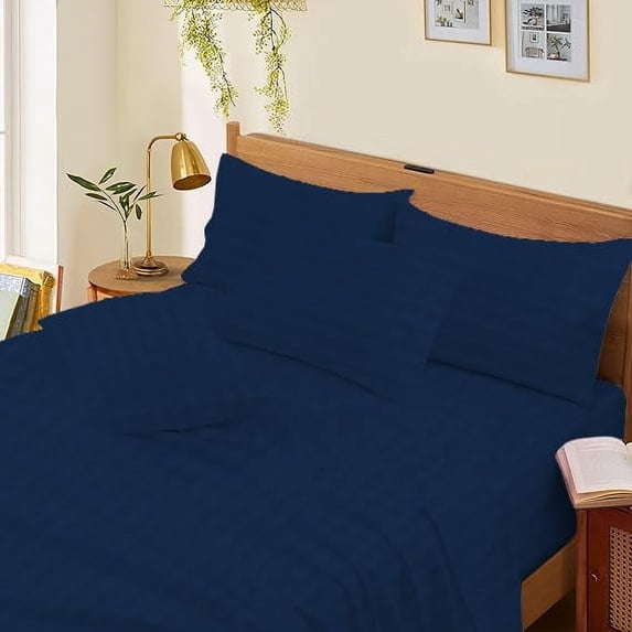 100% Egyptian Cotton 800 Thread Count 4Pcs Sheet Set Upto 12" Inch Deep Pocket Bed Sheet Set - Queen XL Size (60" X 84") Inch, Navy Blue Stripe