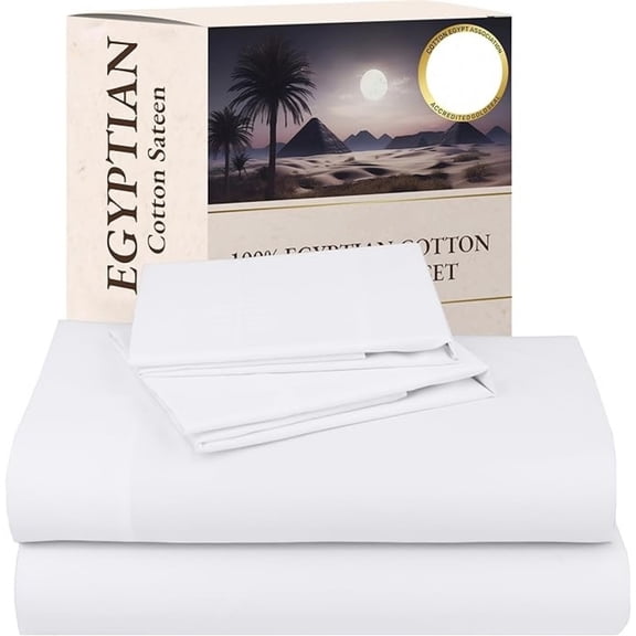 100% Egyptian Cotton Bed Sheets Full, Certified Authentic Luxury, Deep Pocket Full Size Sheets Set, Soft Sateen Breathable Sheets for Hot Sleepers, White Cotton Sheets Full