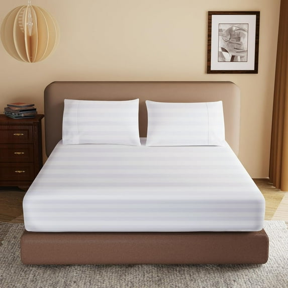 100% Egyptian Cotton Fitted Sheet CK Size, 600 Thread Count, Single Fitted Sheet Only,16" Deep Pocket Sheet, Soft & Elastic Sateen Weave Bottom Sheet for Hotel & Home (White-Stripe, Cal King)