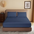 thumbnail image 1 of 100% Egyptian Cotton Fitted Sheet Full Size, 600 Thread Count, Single Fitted Sheet Only,16" Deep Pocket Sheet, Soft & Elastic Sateen Weave Bottom Sheet for Hotel & Home (Navy Blue-Stripe, Full), 1 of 7