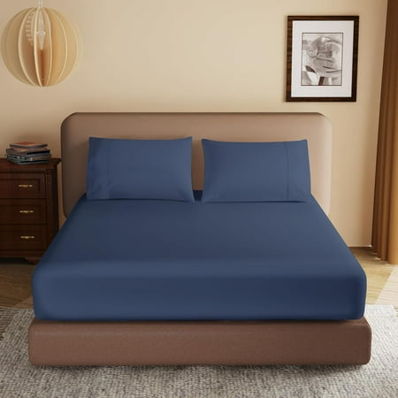 100% Egyptian Cotton Fitted Sheet Twin Size, 600 Thread Count,16" Deep Pocket Sheet, Soft & Elastic Sateen Weave Bottom Sheet for Hotel & Home (Navy Blue, 1 Pack Fitted Sheet Only,Twin)