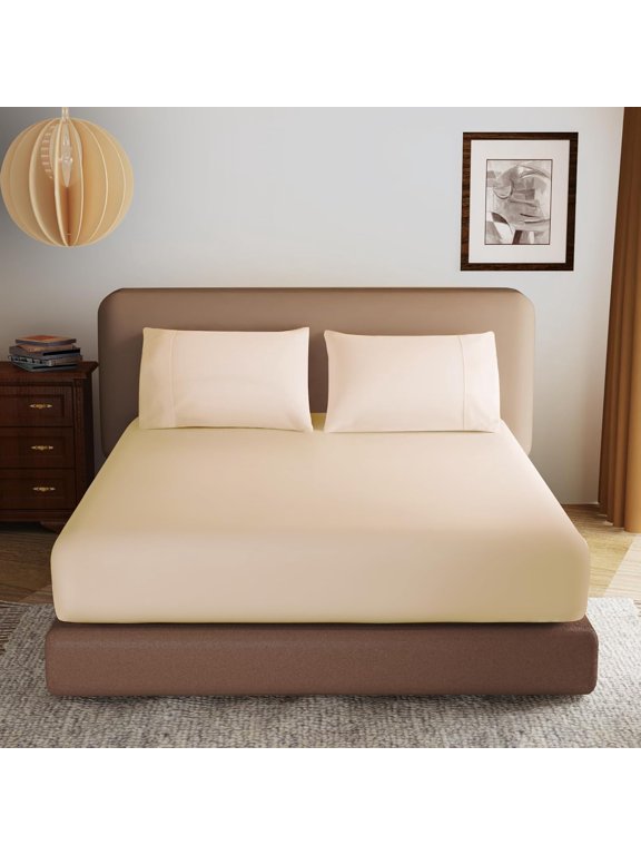 100% Egyptian Cotton Fitted Sheet Twin XL/Split King Size, 600 Thread Count, Single Fitted Sheet Only,16" Deep Pocket Sheet, Soft & Elastic Sateen Weave Bottom Sheet for Home (Beige, Twin XL)