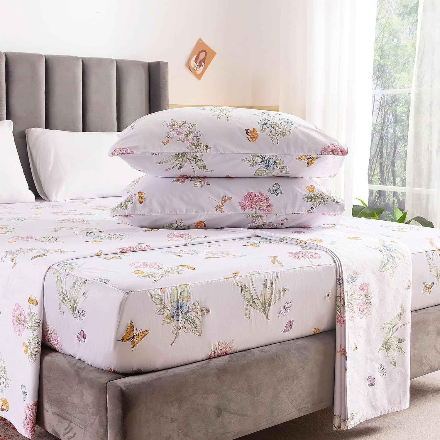 100 Egyptian Cotton Floral Pillow Cases Queen, Butterfly Flowers Print