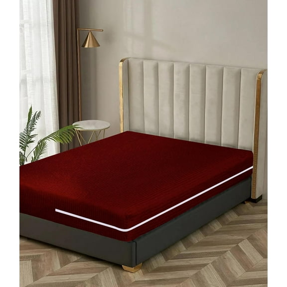 100% Egyptian Cotton L Shape Zipper Mattress Cover, 800 TC, 10 Inch Deep Pocket Olympic Queen Size (66x80), Stripe Burgundy