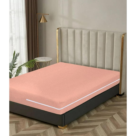 100% Egyptian Cotton L Shape Zipper Mattress Cover, 800 TC, 15 Inch Deep Pocket King Size (76x80), Stripe Peach