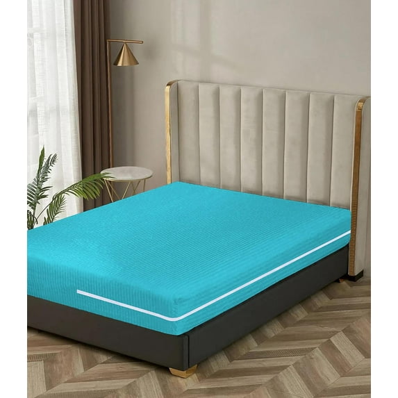 100% Egyptian Cotton L Shape Zipper Mattress Cover, 800 TC, 18 Inch Deep Pocket Twin XL Size (39x80), Stripe Turquoise Blue