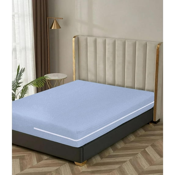 100% Egyptian Cotton L Shape Zipper Mattress Cover, 800 TC, 21 Inch Deep Pocket King Size (76x80), Stripe Light Blue
