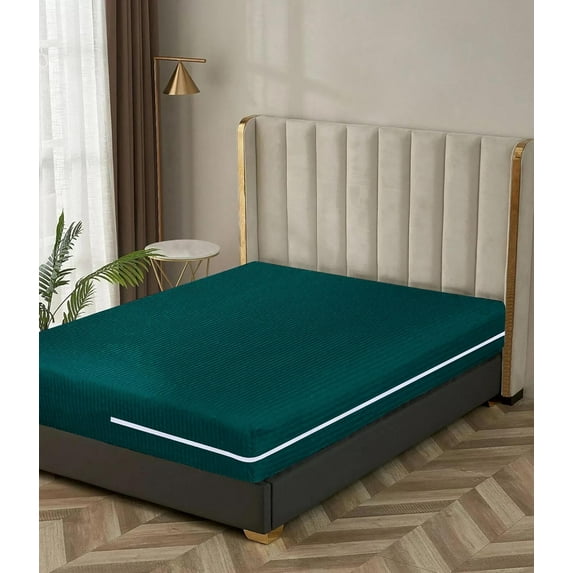 100% Egyptian Cotton L Shape Zipper Mattress Cover, 800 TC, 21 Inch Deep Pocket Twin Size (39x75), Stripe Teal