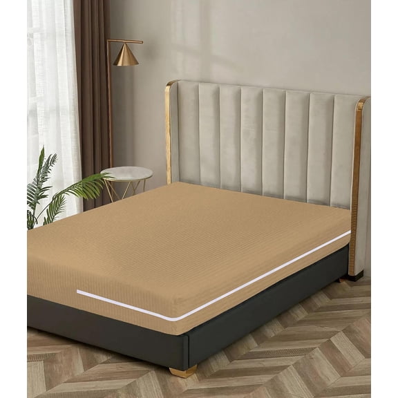 100% Egyptian Cotton L Shape Zipper Mattress Cover, 800 TC, 26 Inch Deep Pocket King Size (76x80), Stripe Taupe