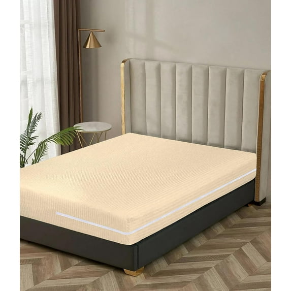 100% Egyptian Cotton L Shape Zipper Mattress Cover, 800 TC, 26 Inch Deep Pocket Twin XL Size (39x80), Stripe Ivory