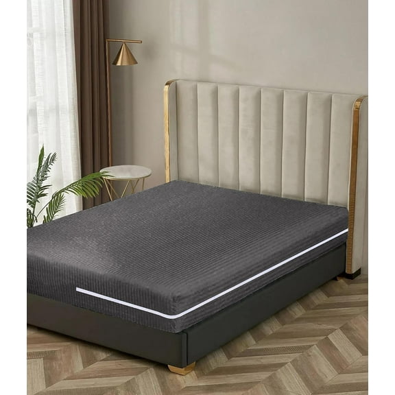 100% Egyptian Cotton L Shape Zipper Mattress Cover, 800 TC, 6 Inch Deep Pocket Olympic Queen Size (66x80), Stripe Dark Grey