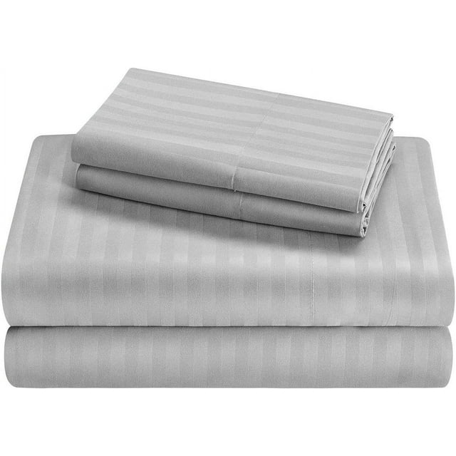 100% Egyptian Cotton, Perfect for Camping Sheets, 300TC, Flat Sheet, Fitted Sheet with 12" Deep Pocket & 2 Pillowcases- Cot Sheet Sets 4 PC-Light Gray Stripe, RV Camper King Size