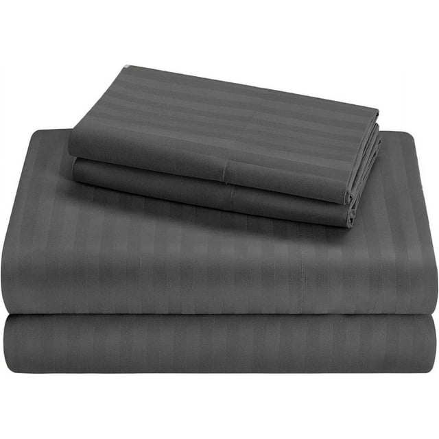 100% Egyptian Cotton, Perfect for Camping Sheets, 300TC, Flat Sheet, Fitted Sheet with 8" Deep Pocket & 2 Pillowcases- Cot Sheet Sets 4 PC-Dark Gray Stripe, RV Camper King Size