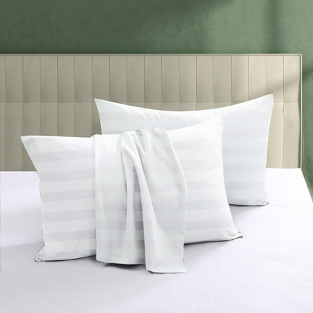 100% Egyptian Cotton Pillow Protectors Set of 2, 600 Thread Count Standard Size Bed Pillow Cases with Zipper, Sateen Weave Cooling Pillow Cases Quiet and Breathable(2PCS, Standard, White Stripe)