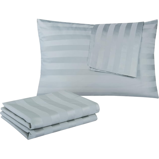 100% Egyptian Cotton Queen Pillow Protectors Set of 4, 400 Thread Count Sateen Weave Cooling Pillowcase, Easy Care Zippered Style Pillow Covers (Striped Gray, Queen)