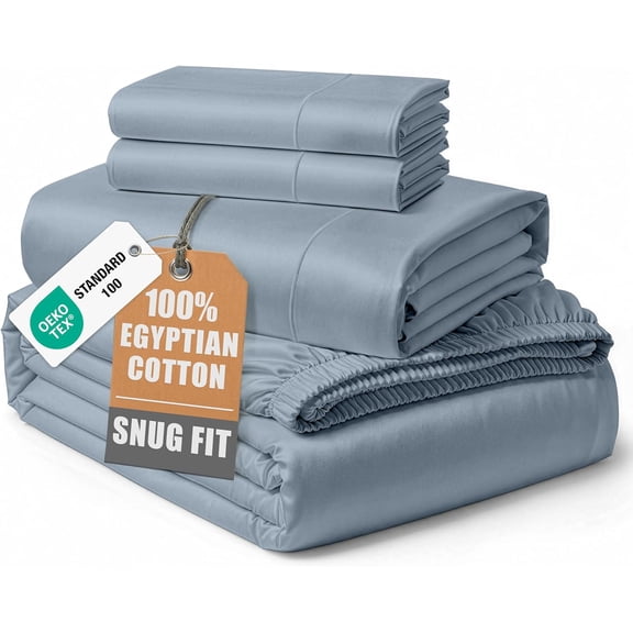 100% Egyptian Cotton Queen Sheet Set with 15 Deep Pockets Silky Sateen Weave French Blue