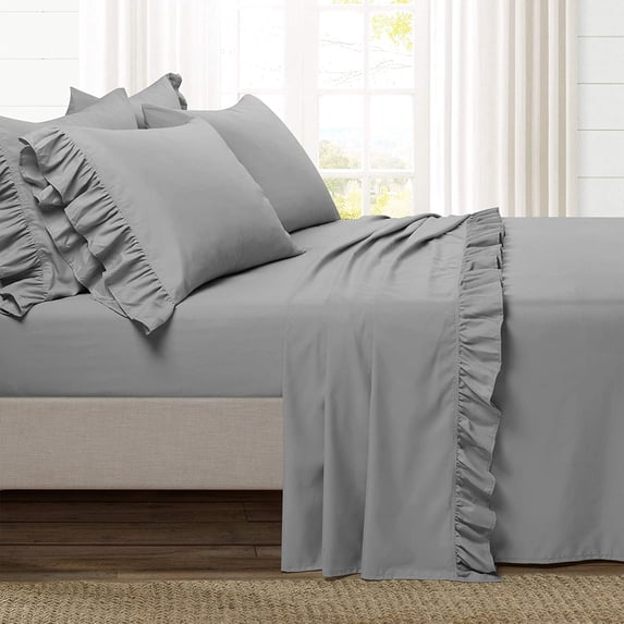 100% Egyptian Cotton Ruffle Bed Sheet Set 6 Piece, 600 Thread Count, 12" Deep Pocket, Sateen finish, Border Ruffle Sheet set, Cool and Breathable - Dark Gray Solid, Olympic Queen Size.