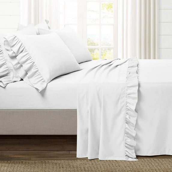 100% Egyptian Cotton Ruffle Bed Sheet Set 6 Piece, 600 Thread Count, 18" Deep Pocket, Sateen finish, Border Ruffle Sheet set, Cool and Breathable - White Solid, Full Size.