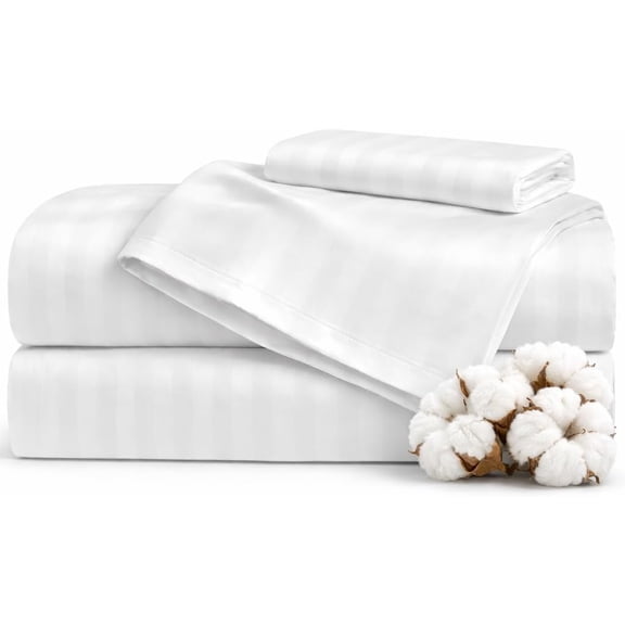 100% Egyptian Cotton Sheets King Size High Thread Count Luxury Hotel Sateen Weave Sheet Set, Soft Breathable, Deep Pocket 17", 4-Piece White Striped, Satisfaction Guarantee