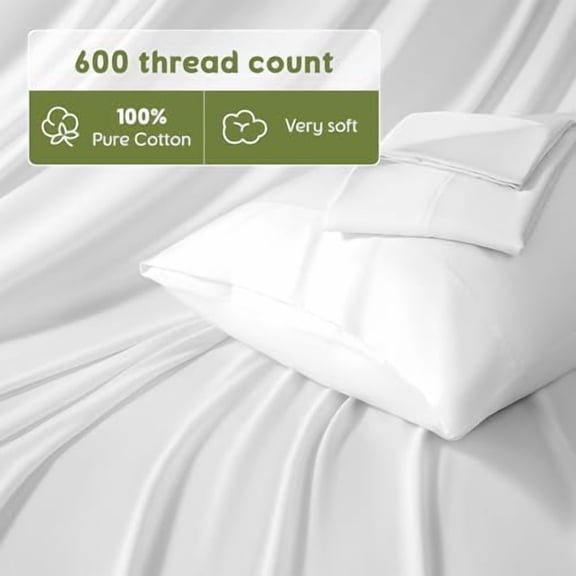 100% Egyptian Cotton Sheets Queen Size - 600 Thread Count, Luxury Hotel Sateen Weave Bedding Set, Soft Breathable Sheet Sets, 16" Deep Pocket - 4 PC(White,Queen)