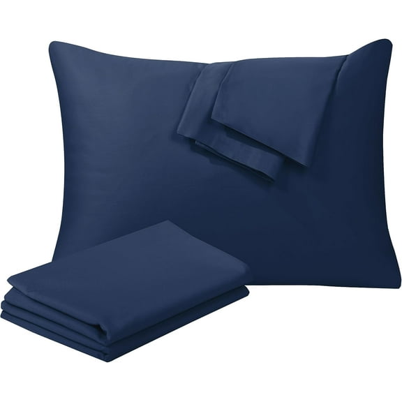 100% Egyptian Cotton Standard Pillow Protectors Set of 4, 400 Thread Count Sateen Weave Cooling Pillowcase, Easy Care Zippered Style Pillow Covers (Navy Blue, Standard)
