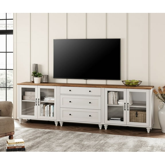 WAMPAT 100" TV Stand, 3-in-1 TV Console Table for 75/80/85/90 Inch TV, Entertainment Center with Glass Door & Drawer for Living Room & Bedroom, Kitchen Sideboard Buffet Cabinet for Dining Room, White