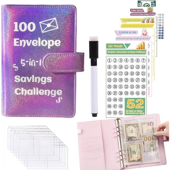 100 Envelope Challenge Binder,2024 Exclusive 52 Weeks / 100 Days 5050 Money Savings Challenges Notebook,5-in-1 Budget Planner, Budget Notebook Binder,Cash Stuffing Envelopes Binder Shinning Blue